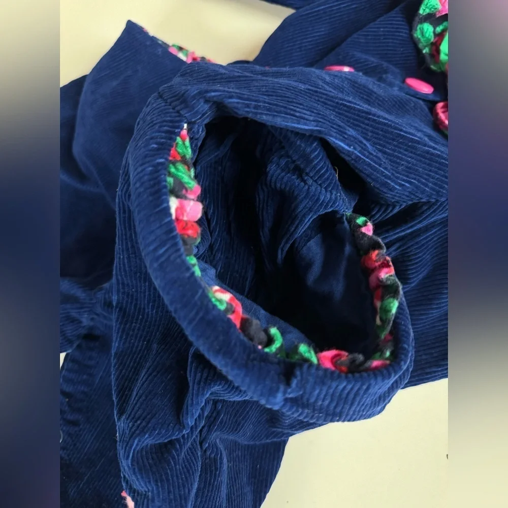 Vintage 80s 90s Blue Corduroy Floral Collar Jumper Romper Outfit Toddler 2T